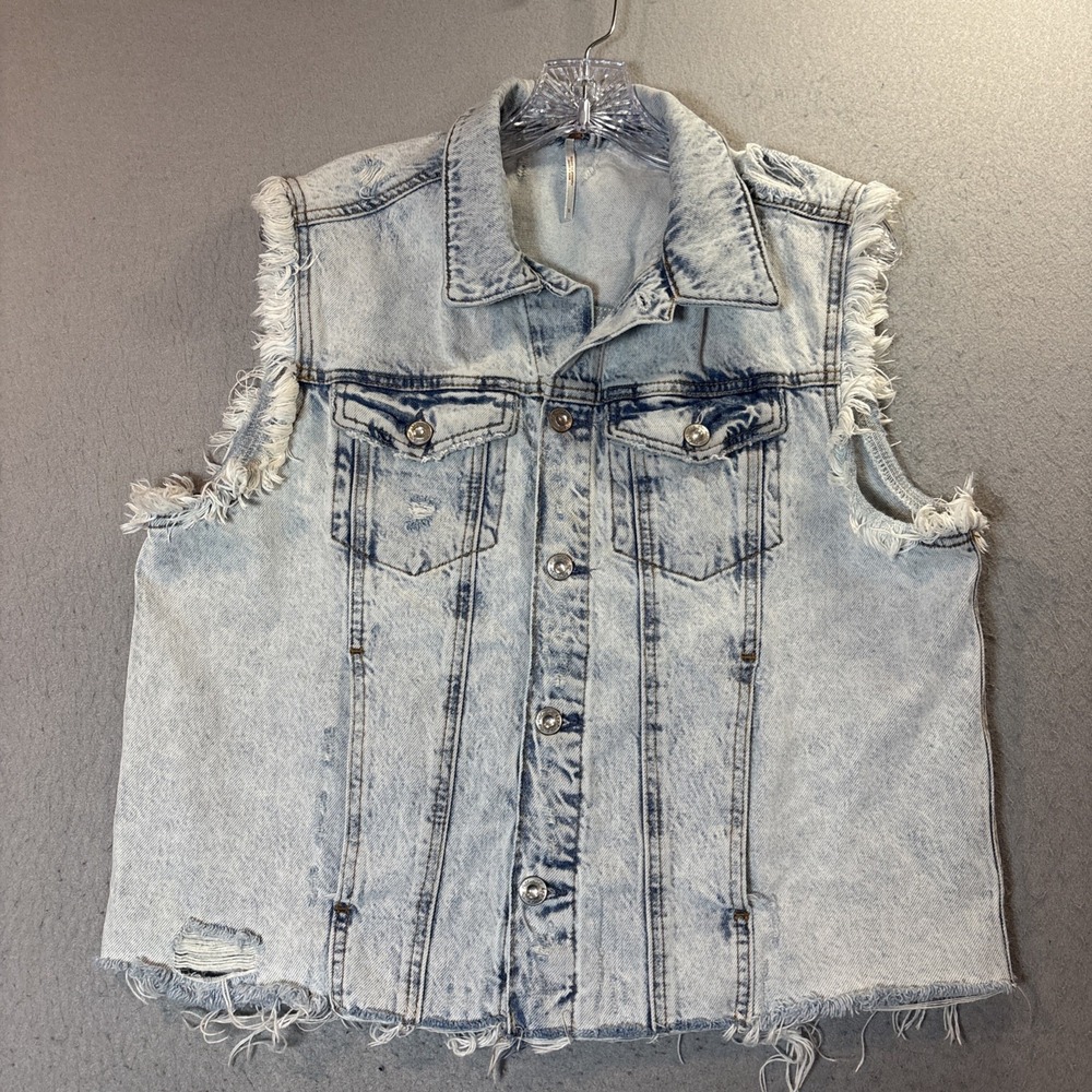 Free People Vest Womens Small Blue Denim Zoe Acid Wash Frayed